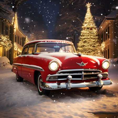 Vintage car with Christmas tree in the background at night on a snowy dayの素材