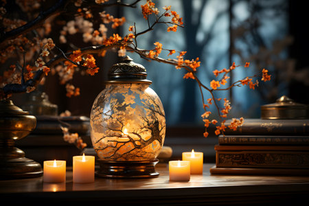 Still life with burning candles, books and branches of blossoming tree on windowsillの素材