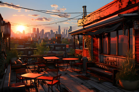Restaurant in the city at sunset. 3D rendering.の素材