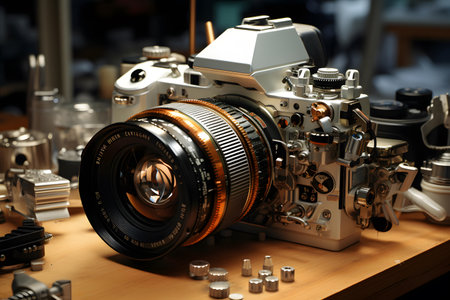 Vintage photo camera on the table in the photo studio. Shallow depth of fieldの素材