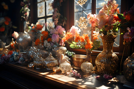 Beautiful vase of flowers on the windowsill in the templeの素材