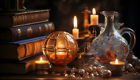 Vintage still life with books, candlesticks and burning candlesの素材