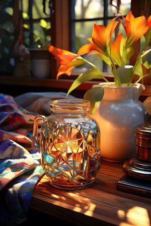Glass jar with orange flowers on the wooden table in the sunlight.の素材