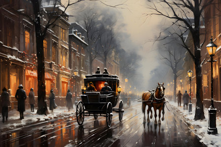 Horse drawn carriage on the street of old town in winterの素材