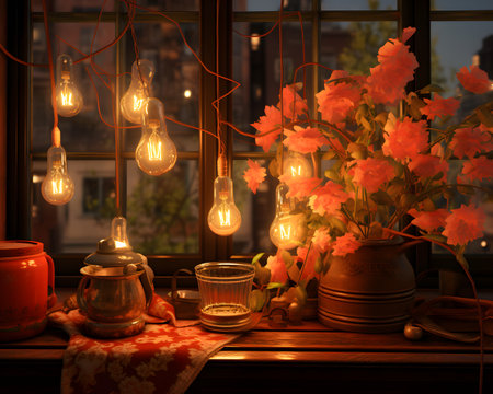 Vintage interior with incandescent bulbs and vase of flowersの素材
