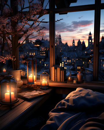 Beautiful view of the city from the window in the evening.の素材