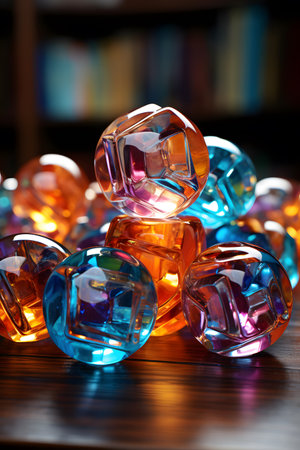 Colorful glass cubes on a wooden table. Shallow depth of field.の素材