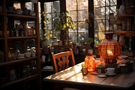 Lanterns and candles on a wooden table in a cafeの素材