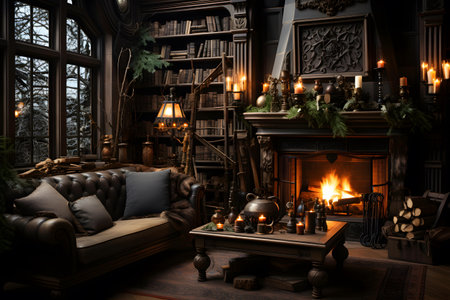 Cozy home interior with fireplace, armchair, bookshelf and Christmas tree.の素材
