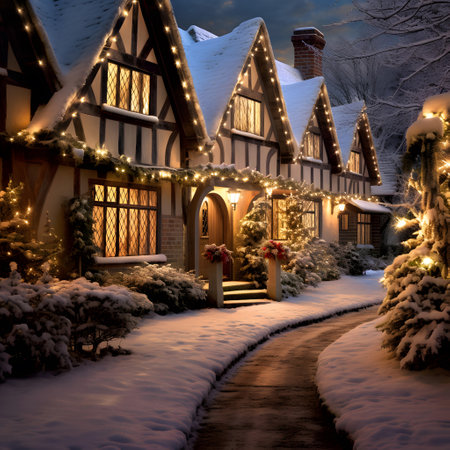 Beautiful house decorated for Christmas and New Year holidays in the snowの素材