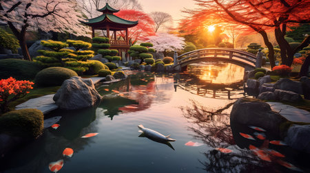 Beautiful Japanese garden with pond and koi fish at sunset.の素材