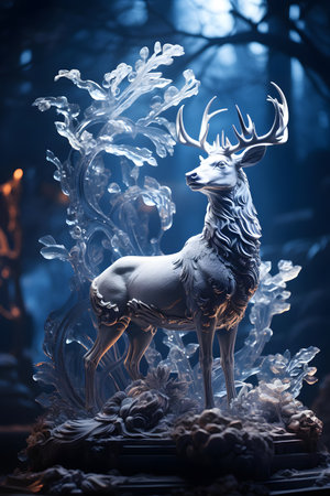 Deer figurine in the forest. Fairy tale scene. 3D rendering.の素材