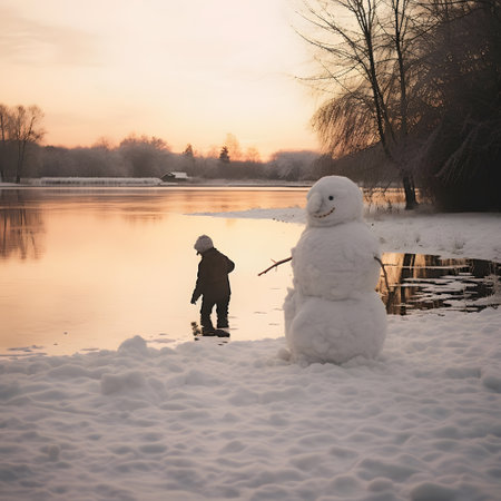 Snowman on the river bank at sunset in winter. Winter landscape.の素材