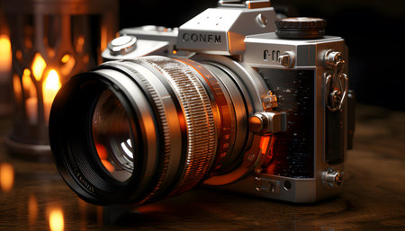 Digital SLR camera on a wooden table. 3d illustrations.の素材