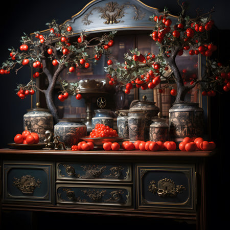 Still life with cherry tomatoes and old bookshelf. Toned.の素材