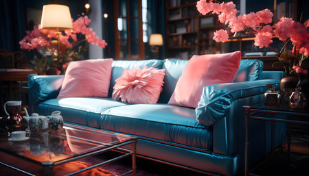 Interior of a living room with a blue sofa and pink pillowsの素材