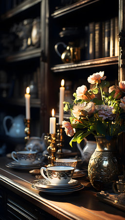 Vintage coffee table with flowers and candles in the old library.の素材