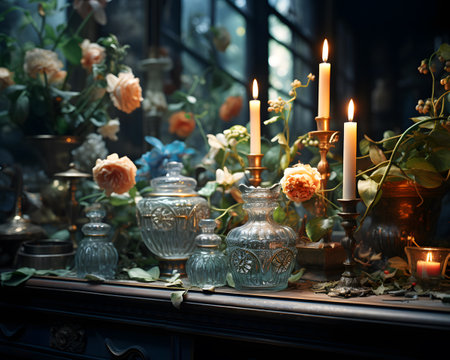 Vintage candlesticks, candles and flowers on the windowsillの素材