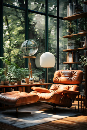Interior of modern living room with brown leather armchairs, coffee table and decorative plantsの素材