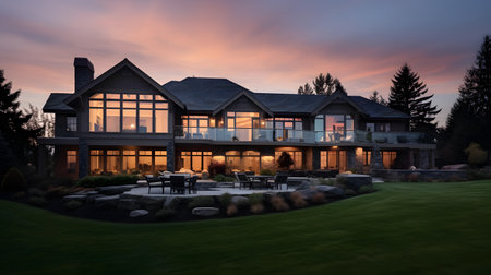 Exterior of luxury house with garden and terrace at dusk.の素材