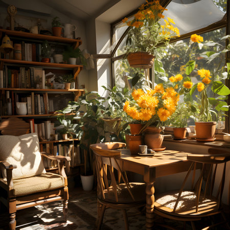 Interior of a cozy cafe with yellow flowers in pots on the windowsillの素材