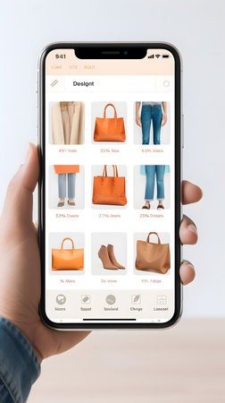 female hand holding a smartphone with online shopping application on the screen over white backgroundの素材