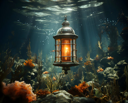 Lantern in the sea. Underwater world. 3d renderingの素材