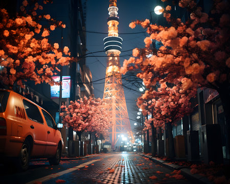 Tokyo tower in Tokyo, Japan at night with cherry blossomの素材