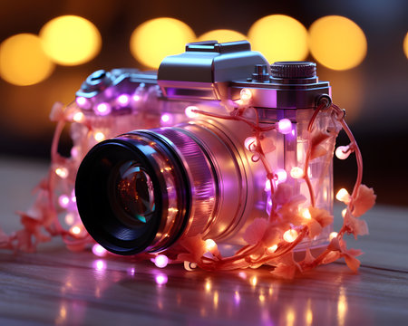 Retro camera with led garland on bokeh background.の素材
