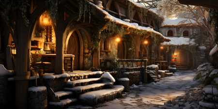 3D CG rendering of snow covered restaurant. High resolution image.の素材