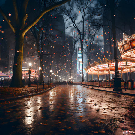 Merry-go-round in the park at night with snowfall.の素材