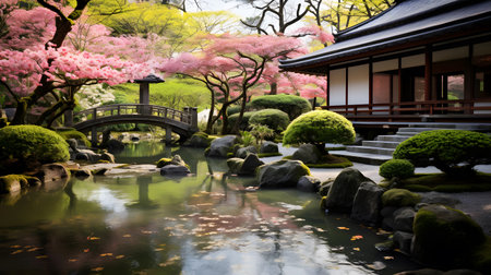 Japanese garden with cherry blossom and temple in Tokyo, Japan.の素材