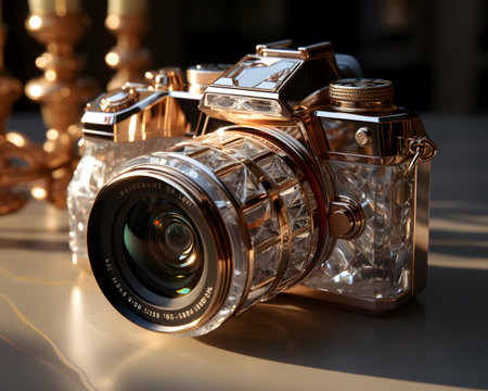 Vintage mirrorless camera on a white table. Selective focus.の素材