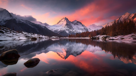 Panoramic view of mountain lake in the Alps at sunset.の素材