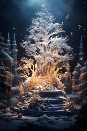 Fantasy landscape with fantasy trees in the snow. 3d illustrationsの素材