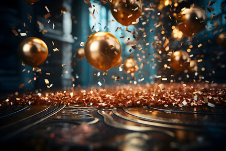 3d render of golden christmas balls flying in the air. Christmas and New Year conceptの素材