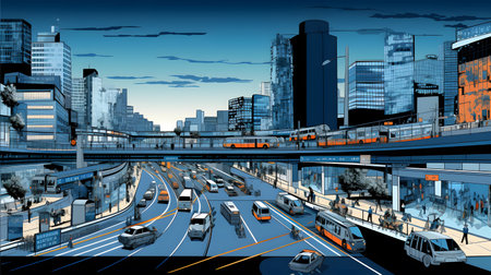 Highway traffic in the city with skyscrapers and modern buildingsの素材