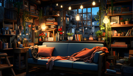 Interior of a cozy living room with a blue sofa, bookshelf and a bookcaseの素材