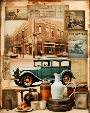 Vintage postcard with old american car and other objects.の素材