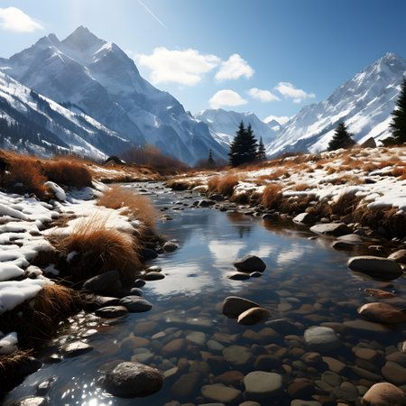 Mountain landscape with clear water and snow-capped peaks.の素材