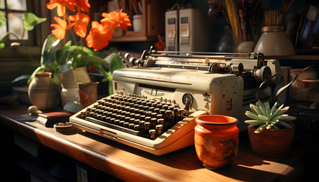 Vintage typewriter on a table in a home office with flowersの素材