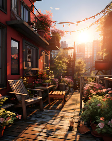 Sunset in the terrace of a cozy house. 3d renderingの素材