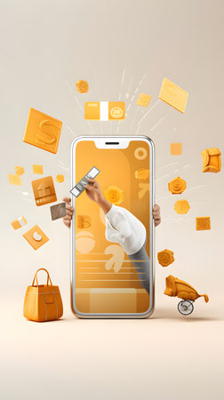 Modern mobile phone with online shopping application and icons flying out of itの素材
