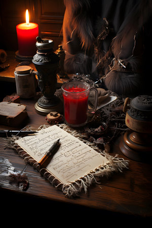 Vintage still life with a cup of hot drink, an old fountain pen, a book and a burning candle.の素材