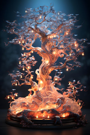 Burning tree in the shape of a vase with light bulbsの素材
