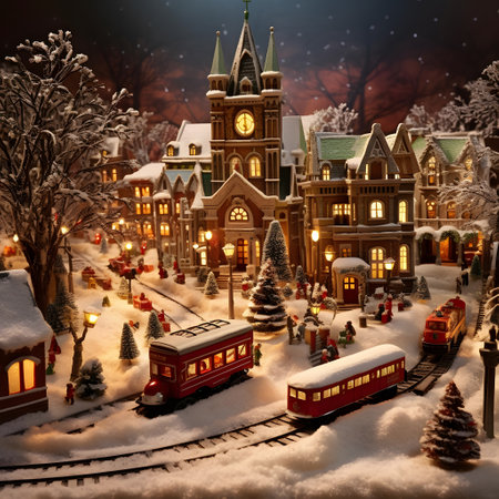 Christmas scene with toy town and train in winter. 3d renderingの素材