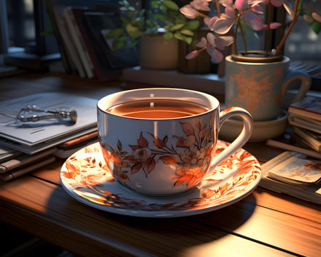 Cup of tea on a wooden table with books and flowers.の素材
