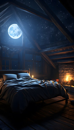 Interior of a wooden house at night. 3D renderingの素材
