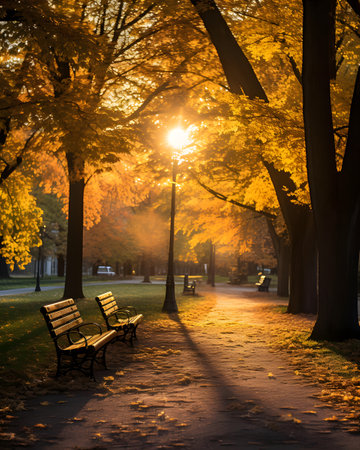 Sunset in the autumn park with benches and trees with yellow leavesの素材