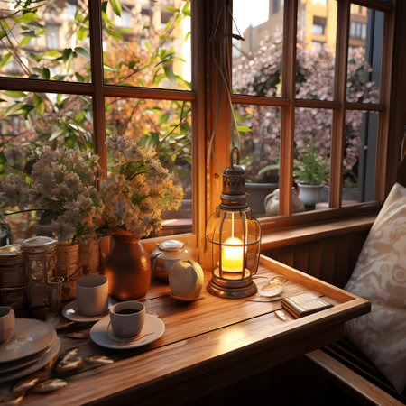 Lantern on a wooden table in a cafe in the afternoonの素材